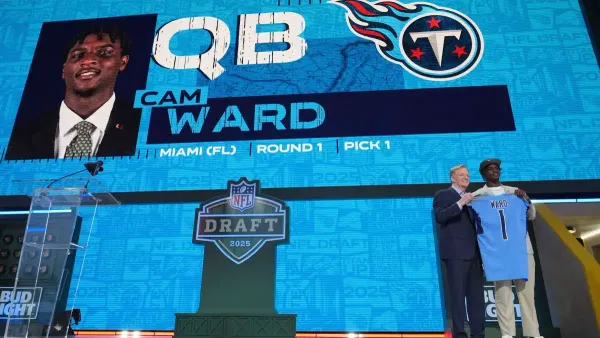 Cam Ward posa com o comissário Roger Goodell após ser escolhido pelos Titans no Draft. Crédito: Getty Images.          Ask ChatGPT